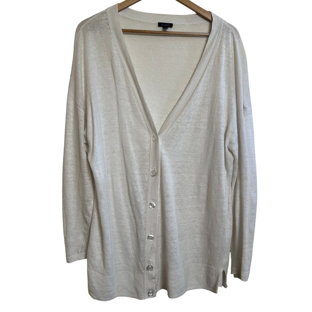 Talbots 100% Linen Longline Button Front Cardigan Sweater White XL Excellent